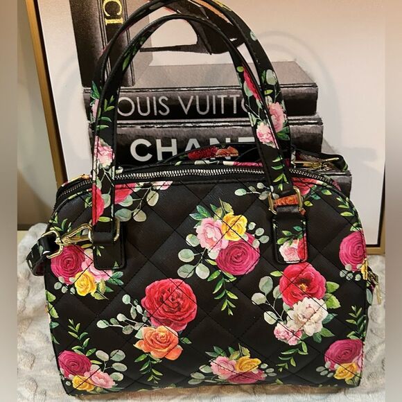 Betsey Johnson Black Rose & Bow Floral Satchel – Convertible Crossbody - Picture 8 of 12
